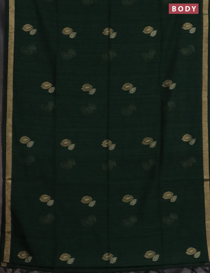 Semi jute linen saree bottle green with silver & gold zari woven buttas and zari woven border