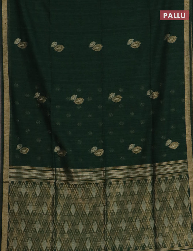 Semi jute linen saree bottle green with silver & gold zari woven buttas and zari woven border
