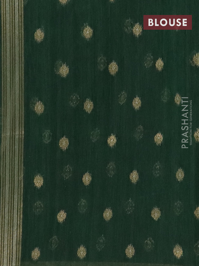 Semi jute linen saree bottle green with silver & gold zari woven buttas and zari woven border