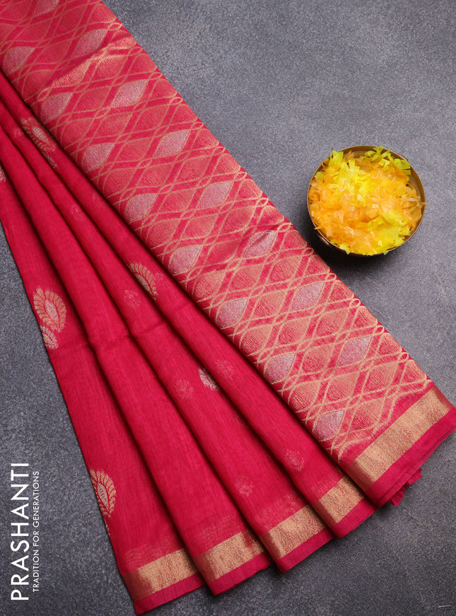 Semi jute linen saree magenta pink with silver & gold zari woven buttas and zari woven border