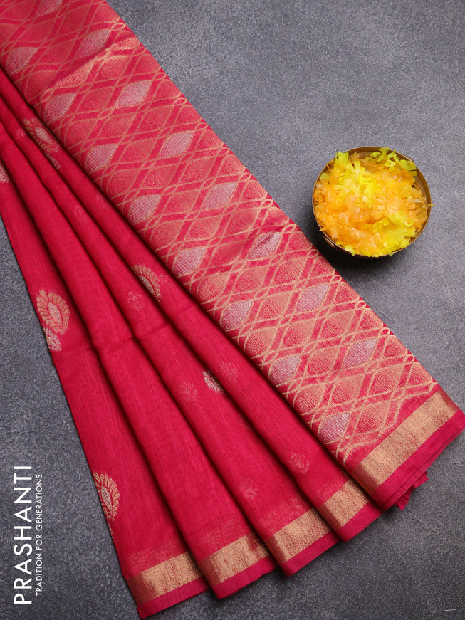 Semi jute linen saree magenta pink with silver & gold zari woven buttas and zari woven border