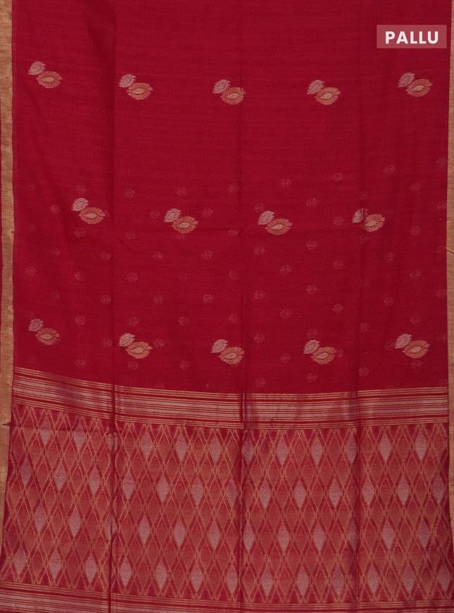 Semi jute linen saree magenta pink with silver & gold zari woven buttas and zari woven border