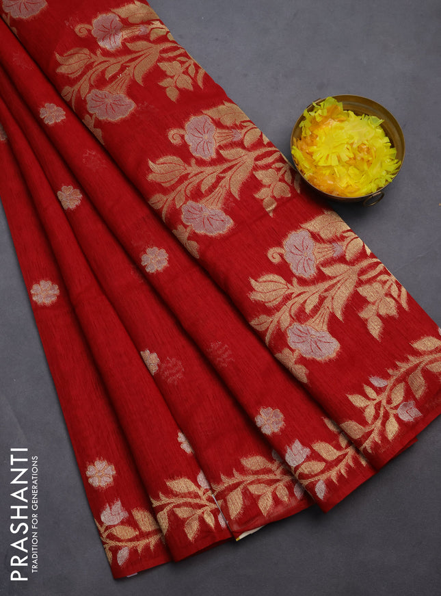 Semi jute linen saree red with zari woven floral buttas and zari woven border