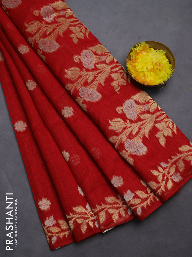 Semi jute linen saree red with zari woven floral buttas and zari woven border