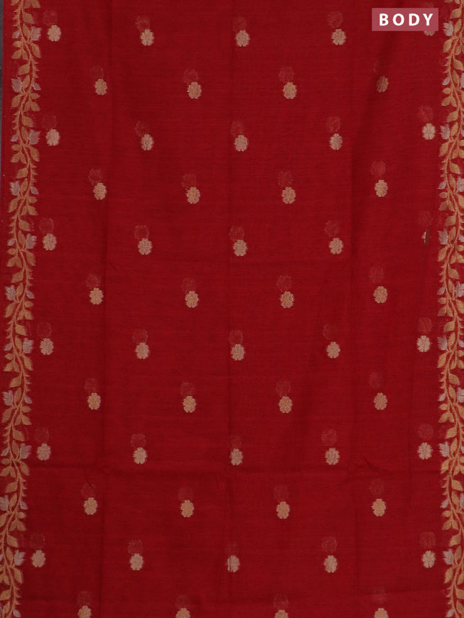 Semi jute linen saree red with zari woven floral buttas and zari woven border