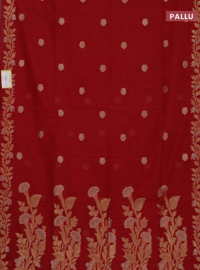 Semi jute linen saree red with zari woven floral buttas and zari woven border