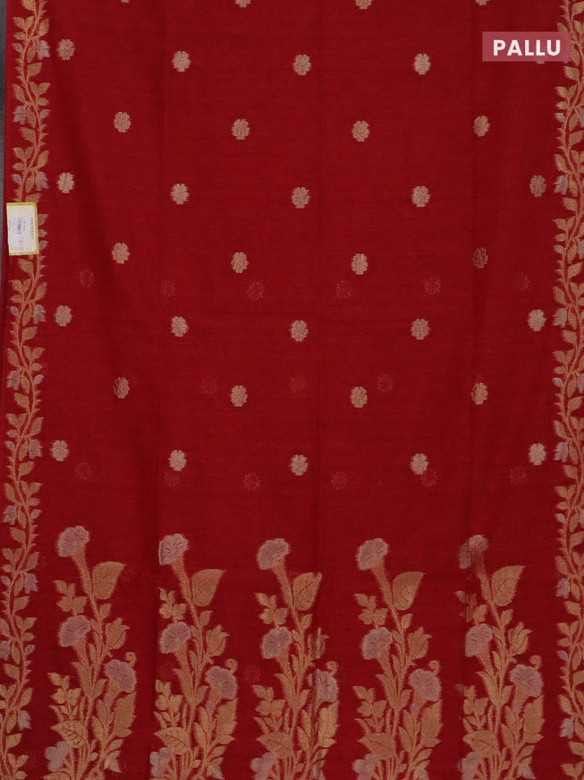 Semi jute linen saree red with zari woven floral buttas and zari woven border