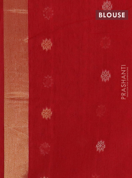 Semi jute linen saree red with zari woven floral buttas and zari woven border