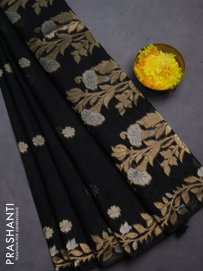 Semi jute linen saree black with zari woven floral buttas and zari woven border