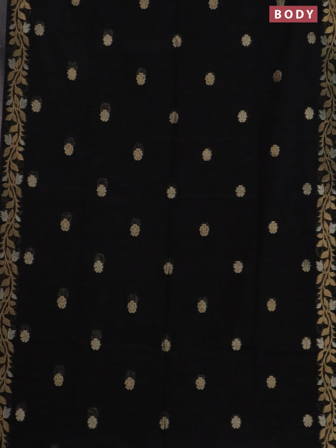 Semi jute linen saree black with zari woven floral buttas and zari woven border