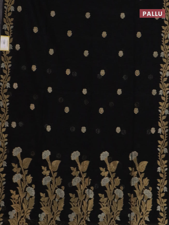 Semi jute linen saree black with zari woven floral buttas and zari woven border