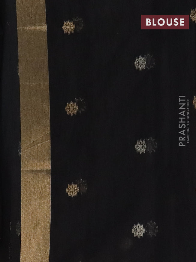 Semi jute linen saree black with zari woven floral buttas and zari woven border