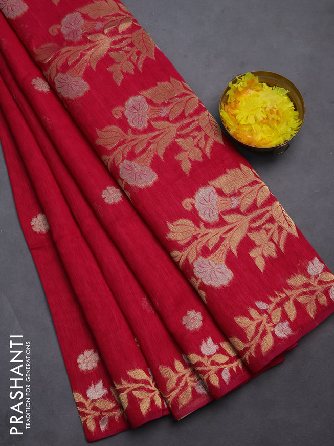 Semi jute linen saree pink with zari woven floral buttas and zari woven border