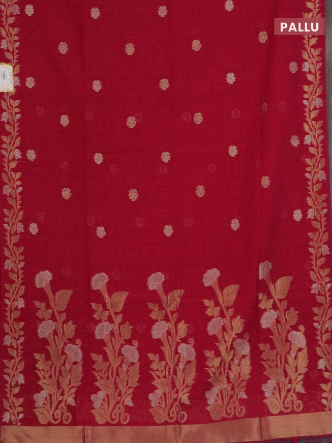 Semi jute linen saree pink with zari woven floral buttas and zari woven border