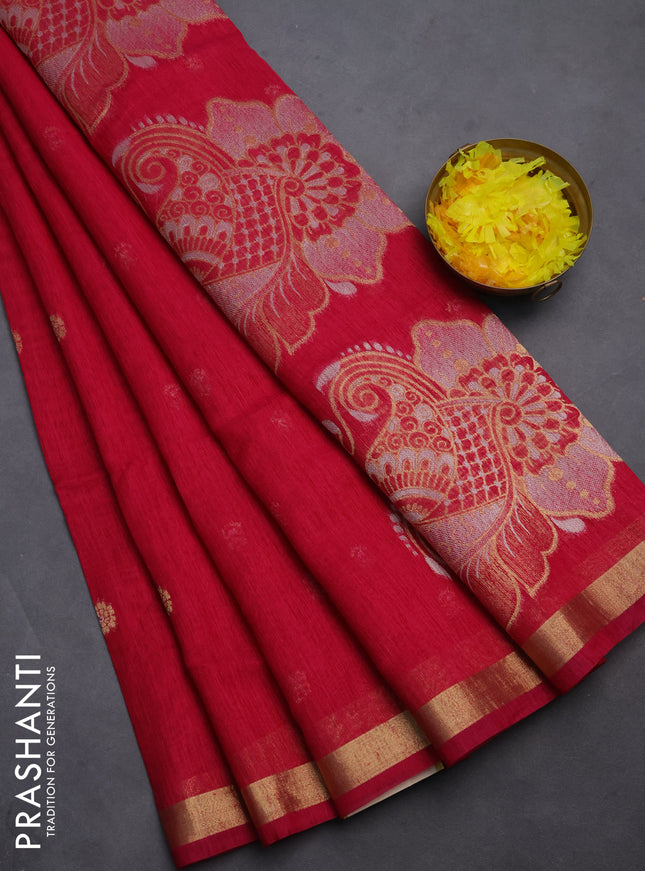 Semi jute linen saree pink with silver & gold zari woven buttas and zari woven border