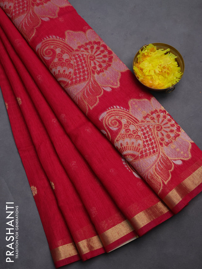 Semi jute linen saree pink with silver & gold zari woven buttas and zari woven border