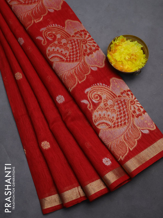 Semi jute linen saree red with silver & gold zari woven buttas and zari woven border