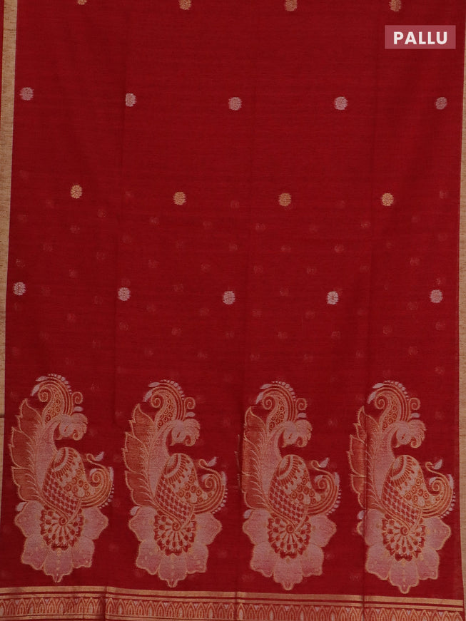 Semi jute linen saree red with silver & gold zari woven buttas and zari woven border