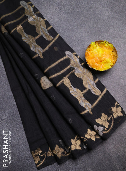 Semi jute linen saree black with silver & gold zari woven buttas and zari woven border