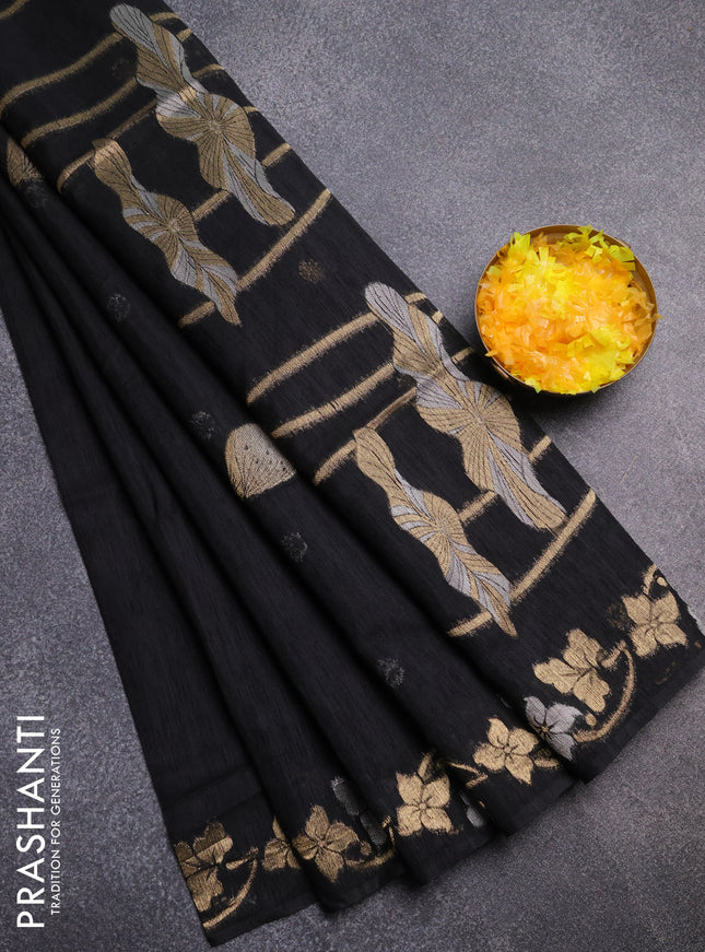 Semi jute linen saree black with silver & gold zari woven buttas and zari woven border