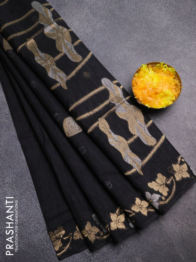 Semi jute linen saree black with silver & gold zari woven buttas and zari woven border
