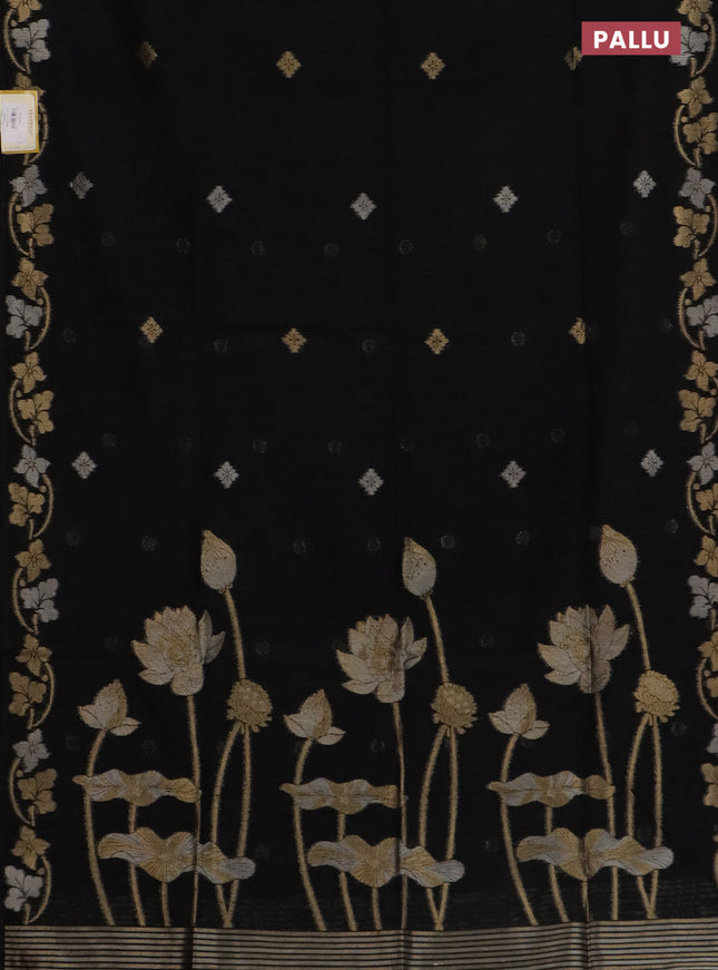 Semi jute linen saree black with silver & gold zari woven buttas and zari woven border