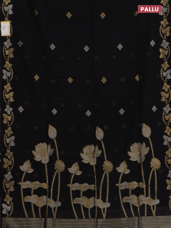 Semi jute linen saree black with silver & gold zari woven buttas and zari woven border