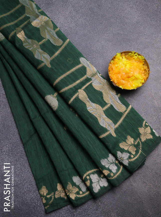 Semi jute linen saree bottle green with silver & gold zari woven buttas and zari woven border