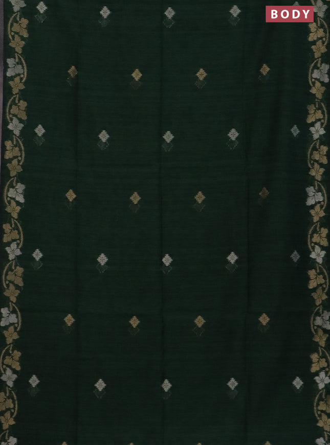 Semi jute linen saree bottle green with silver & gold zari woven buttas and zari woven border