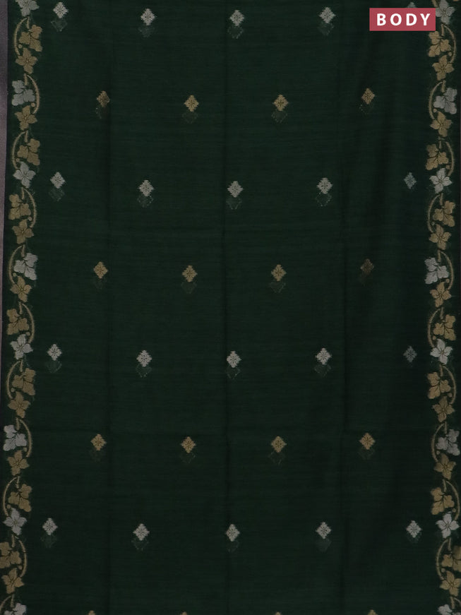 Semi jute linen saree bottle green with silver & gold zari woven buttas and zari woven border