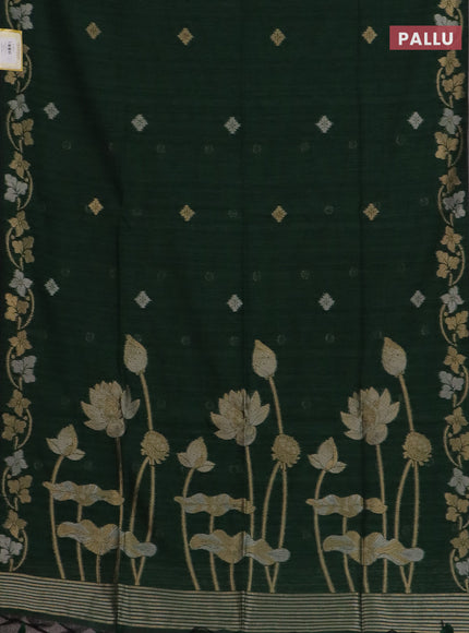 Semi jute linen saree bottle green with silver & gold zari woven buttas and zari woven border
