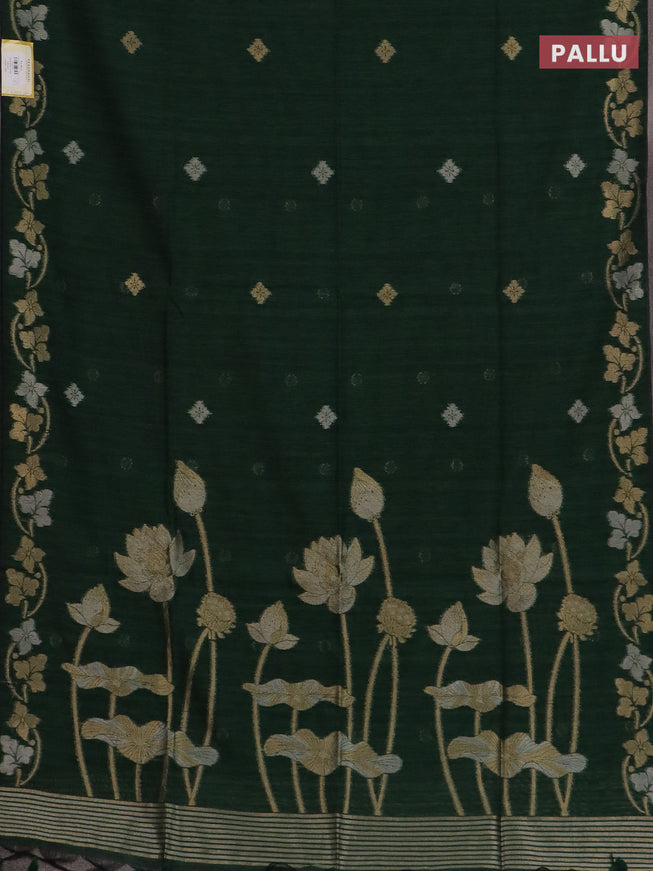 Semi jute linen saree bottle green with silver & gold zari woven buttas and zari woven border