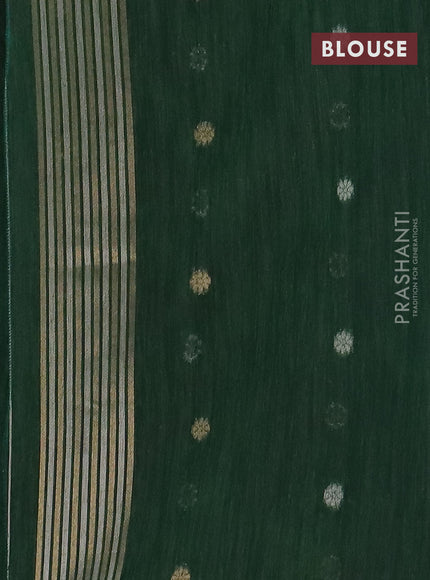 Semi jute linen saree bottle green with silver & gold zari woven buttas and zari woven border