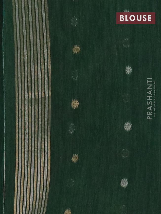 Semi jute linen saree bottle green with silver & gold zari woven buttas and zari woven border