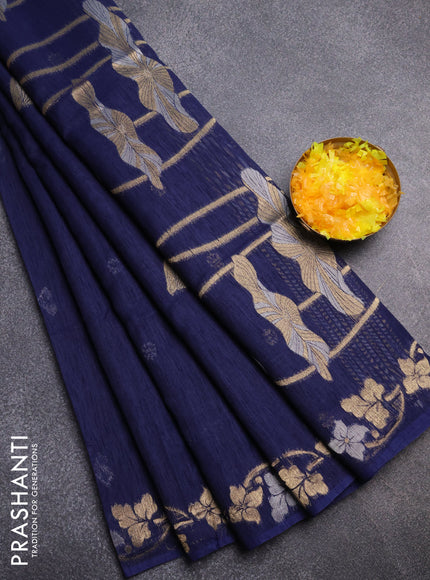 Semi jute linen saree navy blue with silver & gold zari woven buttas and zari woven border