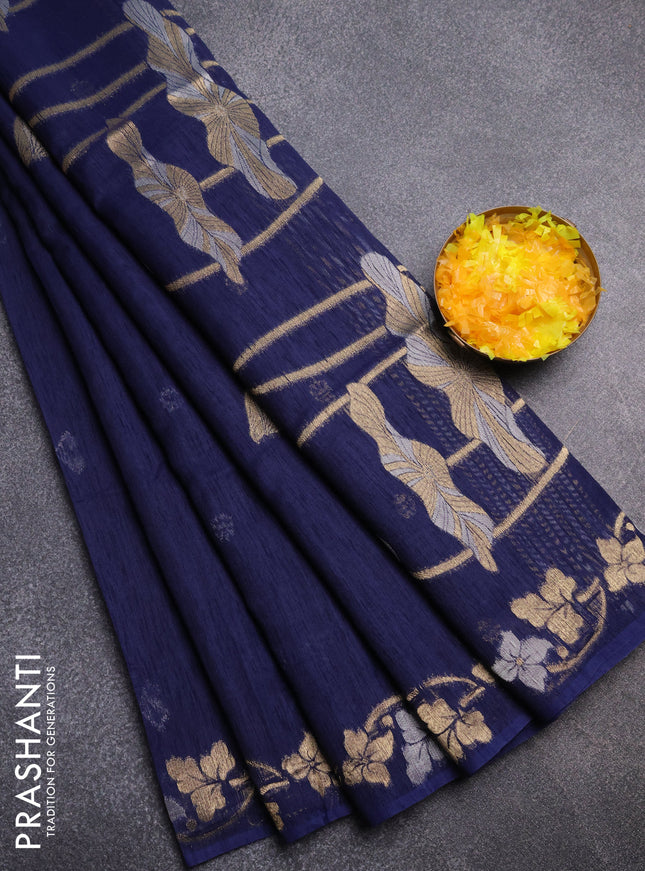 Semi jute linen saree navy blue with silver & gold zari woven buttas and zari woven border