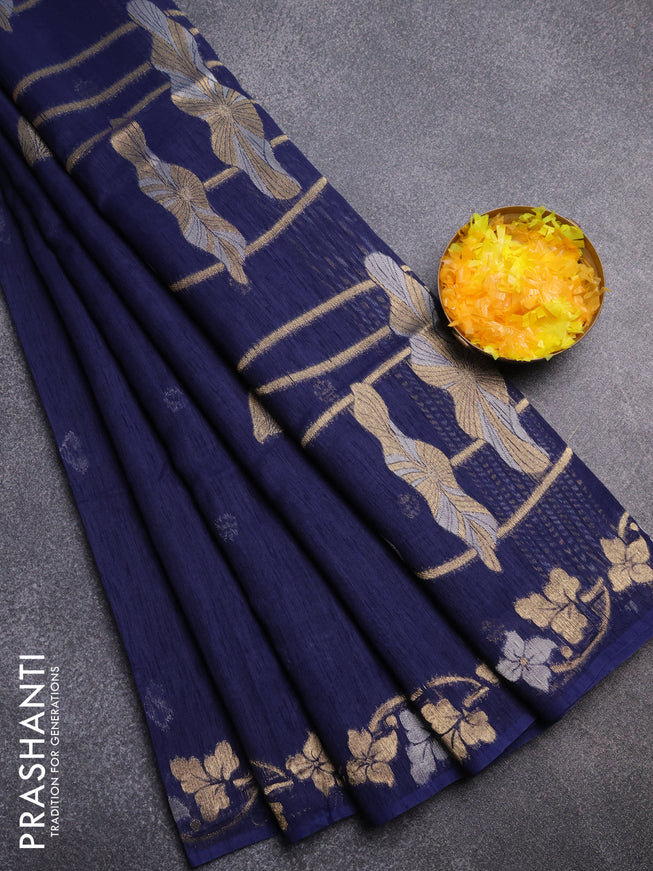 Semi jute linen saree navy blue with silver & gold zari woven buttas and zari woven border