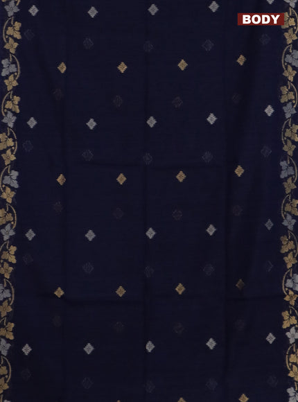 Semi jute linen saree navy blue with silver & gold zari woven buttas and zari woven border