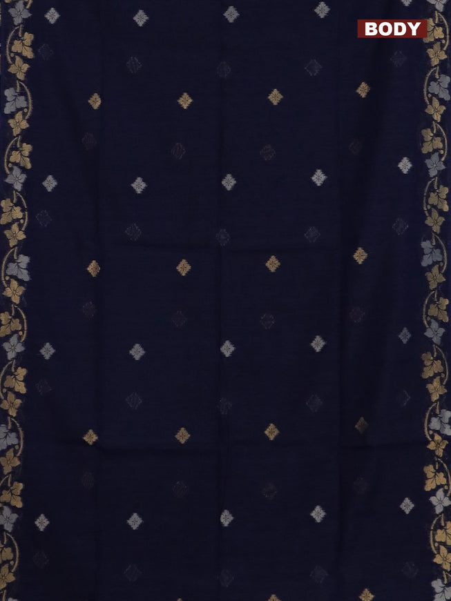 Semi jute linen saree navy blue with silver & gold zari woven buttas and zari woven border