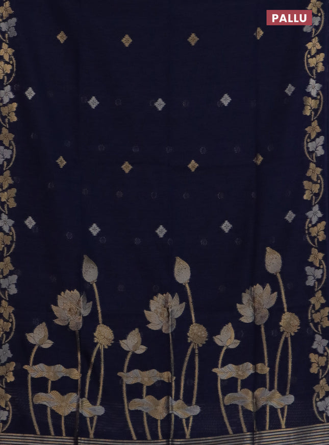 Semi jute linen saree navy blue with silver & gold zari woven buttas and zari woven border