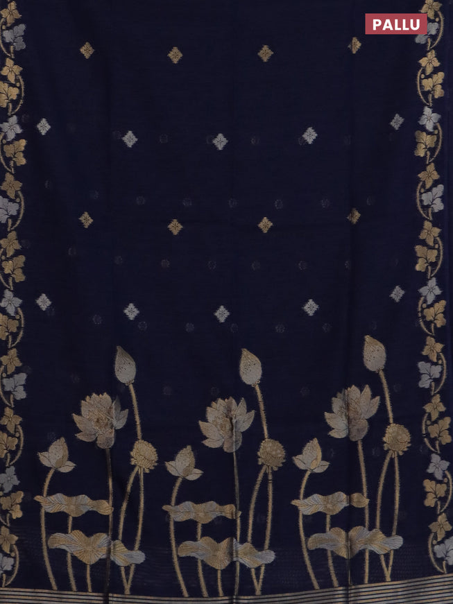 Semi jute linen saree navy blue with silver & gold zari woven buttas and zari woven border