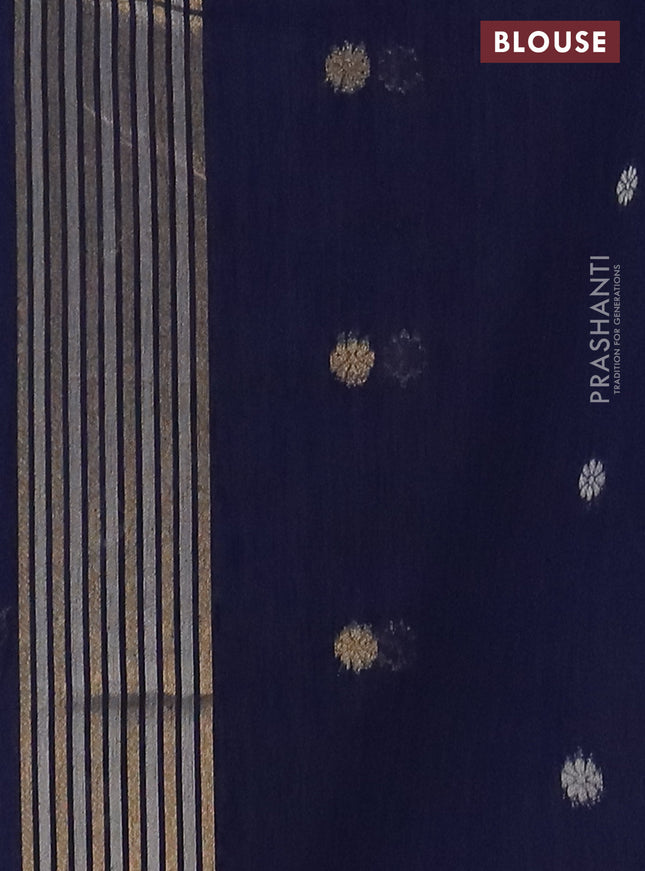 Semi jute linen saree navy blue with silver & gold zari woven buttas and zari woven border
