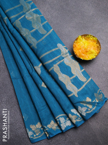 Semi jute linen saree peacock blue with silver & gold zari woven buttas and zari woven border