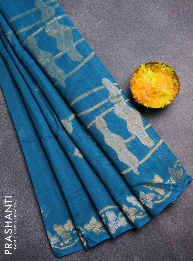 Semi jute linen saree peacock blue with silver & gold zari woven buttas and zari woven border