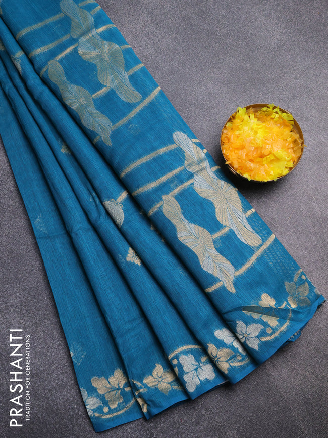 Semi jute linen saree peacock blue with silver & gold zari woven buttas and zari woven border