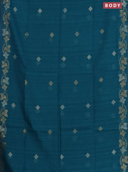 Semi jute linen saree peacock blue with silver & gold zari woven buttas and zari woven border