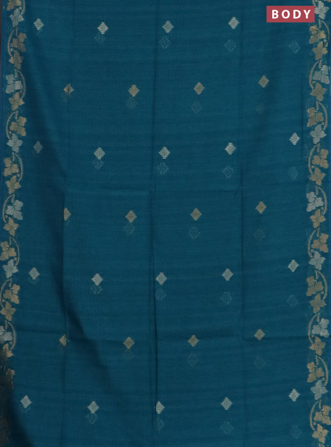 Semi jute linen saree peacock blue with silver & gold zari woven buttas and zari woven border