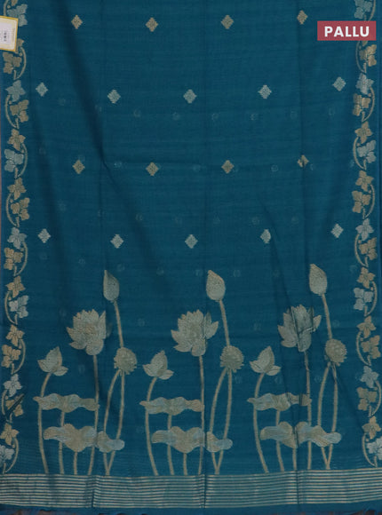 Semi jute linen saree peacock blue with silver & gold zari woven buttas and zari woven border