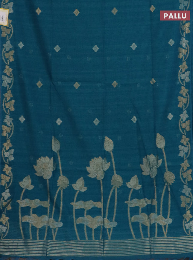 Semi jute linen saree peacock blue with silver & gold zari woven buttas and zari woven border