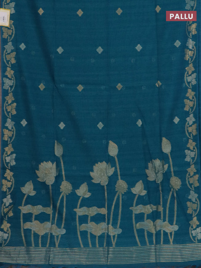 Semi jute linen saree peacock blue with silver & gold zari woven buttas and zari woven border